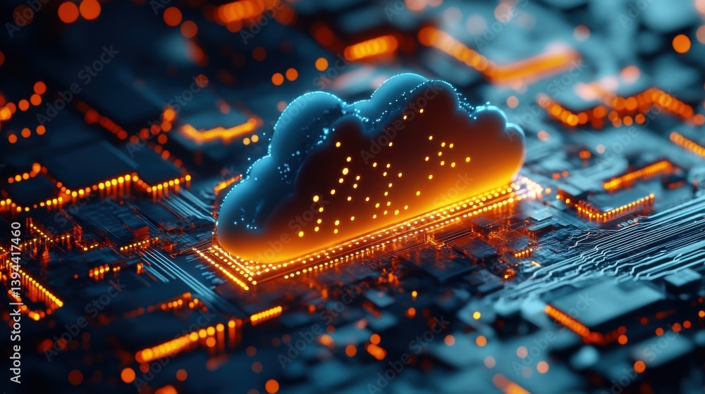 Poster a digital cloud symbol sits atop a circuit board, illuminated by glowing orange lights, representing