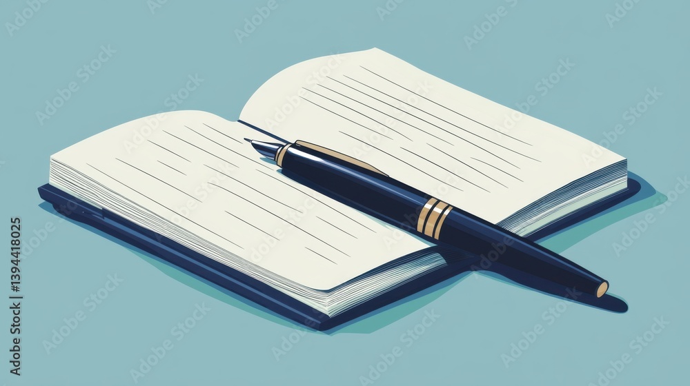 Poster a stylish open notebook with blank pages and a sleek pen resting on it, set against a calming blue b