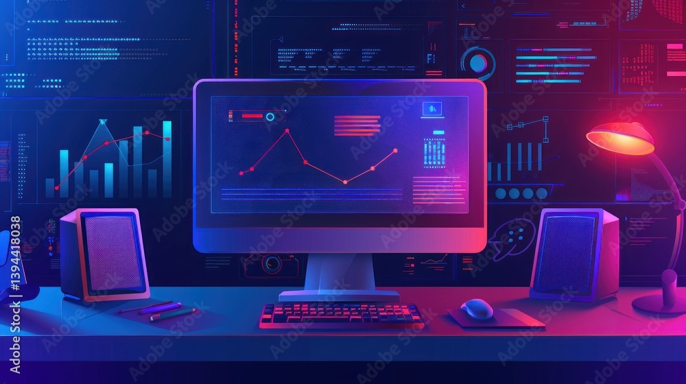 Poster a detailed vector illustration of a desktop computer with monitor and keyboard.