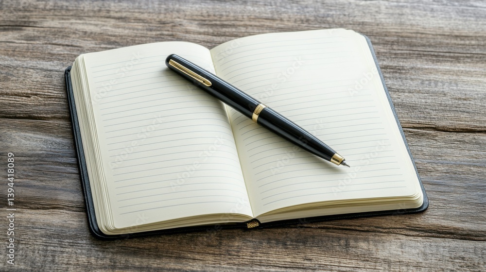 Poster an open notebook with blank pages and a black pen resting on it, placed on a wooden surface, invitin