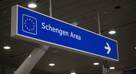 Schengen Area Sign at Airport Terminal for Travel Blogs, Immigration Information, Transportation Guides, and International Travel Planning