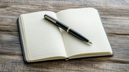 An open notebook with blank pages and a black pen resting on it, placed on a wooden surface, inviting creativity and organization.