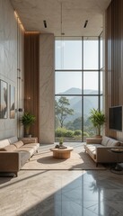 Bright and airy living room with panoramic views, neutral color palette, and minimalist design, creating a serene and elegant space.
