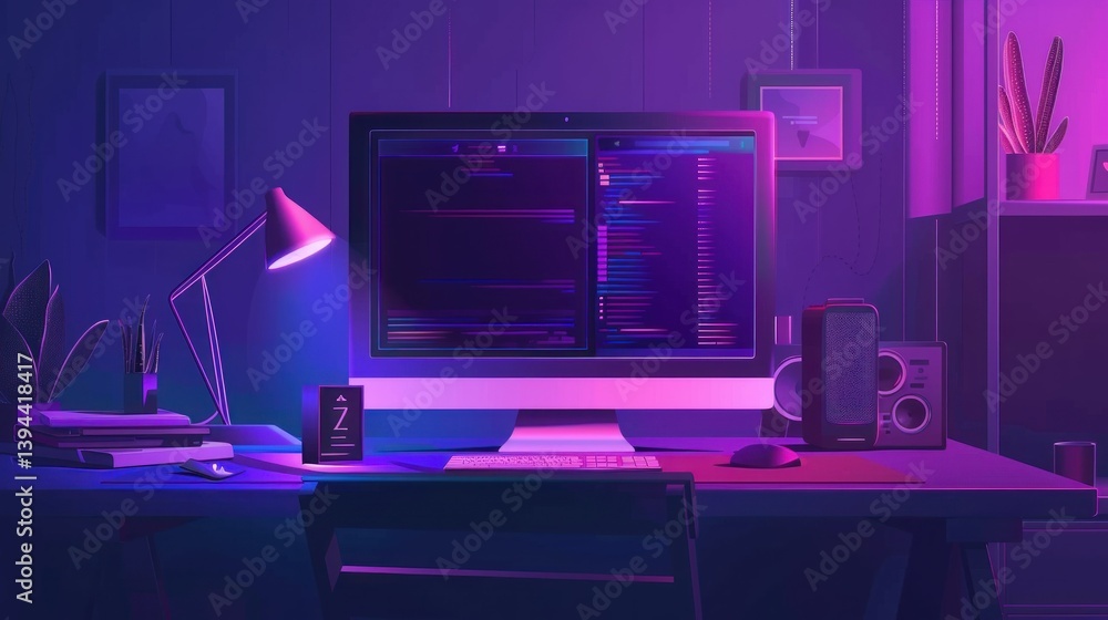 Poster a detailed vector illustration of a desktop computer with monitor and keyboard.