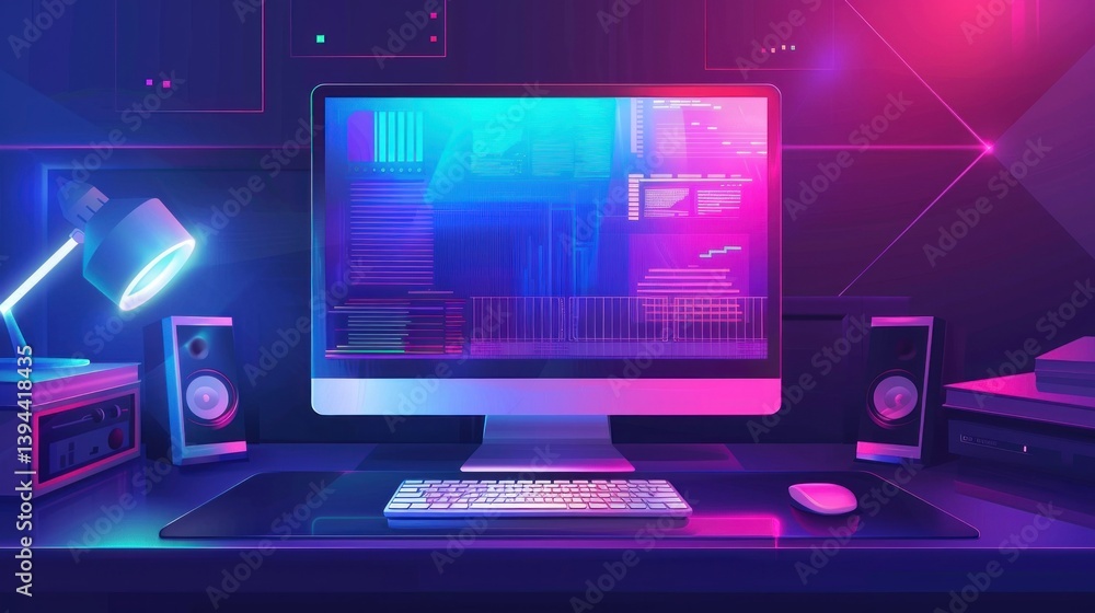 Poster a detailed vector illustration of a desktop computer with monitor and keyboard.