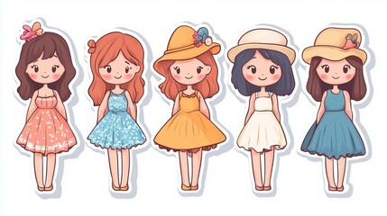 Five cute beautiful models, cartoon stickers, on white background 