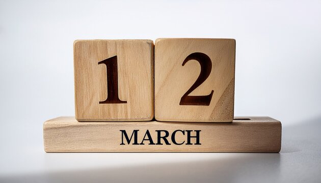 Minimalist photo of a wooden blocks with date 12 March. Day and month, calendar on white background
