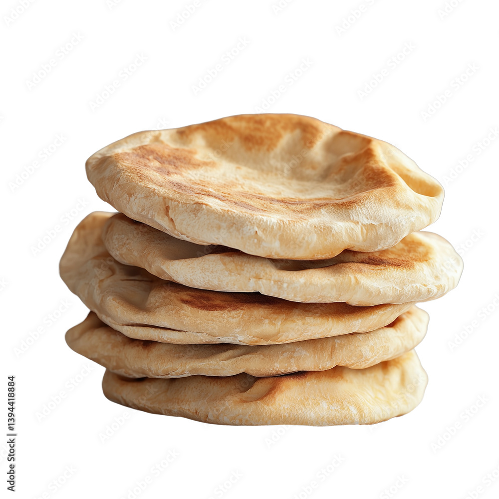 Poster stack of warm, fluffy pita breads showcasing their soft texture and inviting appearance. isolated on