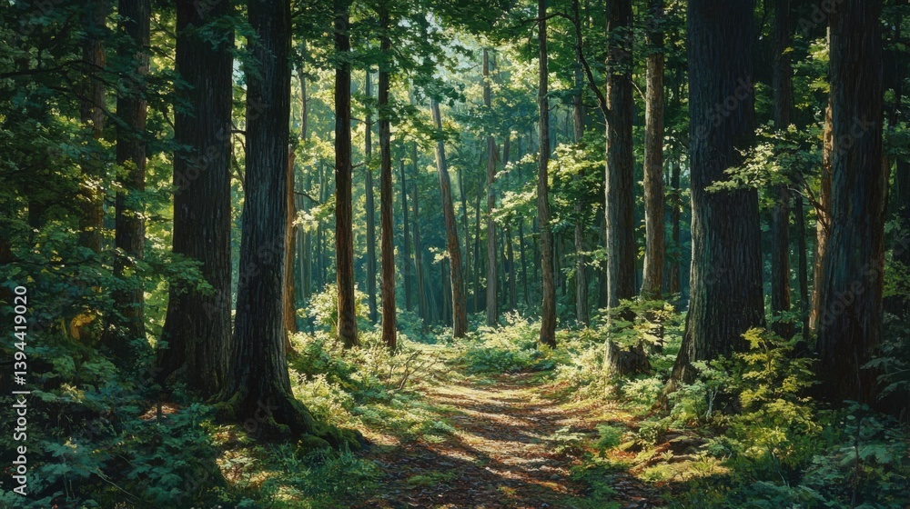 Poster a serene forest path illuminated by sunlight, surrounded by tall trees and lush greenery, creating a