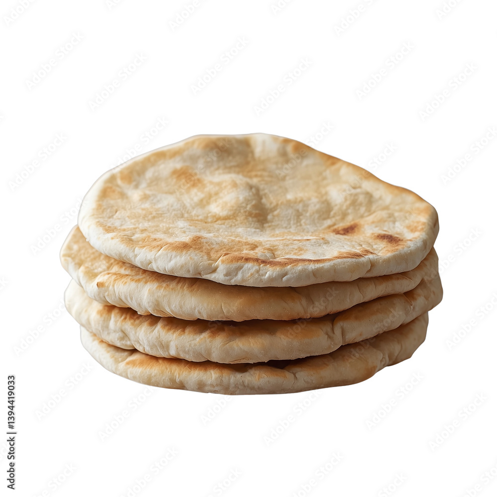 Poster stack of four flatbreads with a slightly toasted appearance isolated on white background and transpa