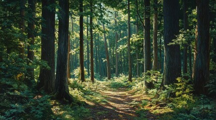 Obraz premium A serene forest path illuminated by sunlight, surrounded by tall trees and lush greenery, creating a tranquil and inviting atmosphere.