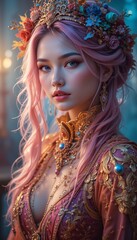 A pink-haired woman with an ornate floral crown & jewelry, draped in an equally ornate dress, displays an air of royal beauty.