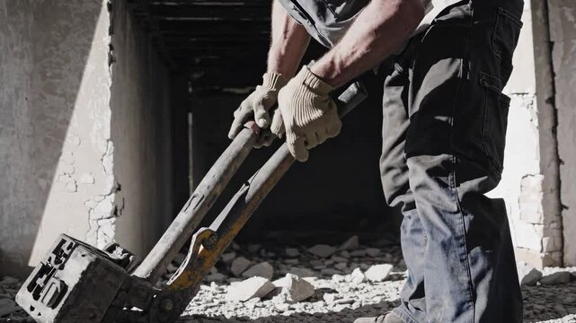 Construction worker wearing gloves operates a jackhammer, breaking apart a concrete floor and generating a cloud of dust in a demolition or renovation project