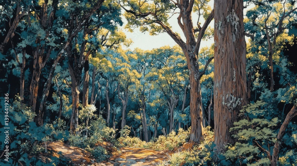 Poster a serene forest path lined with lush trees and vibrant foliage, inviting exploration and a sense of 