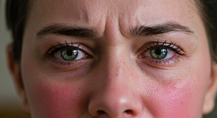 Fototapeta premium Woman showing concern with intense gaze against neutral background 
