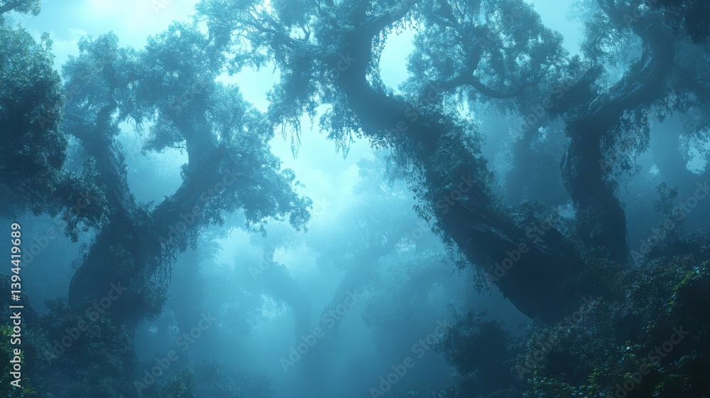 Poster a mystical, foggy forest scene featuring gnarled trees and dense foliage, creating an enchanting and