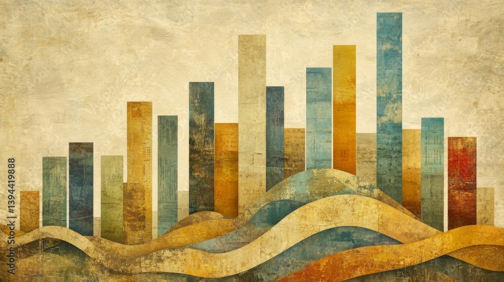 Poster a visually engaging business bar graph with bars in varying heights, arranged in a wave pattern, sym