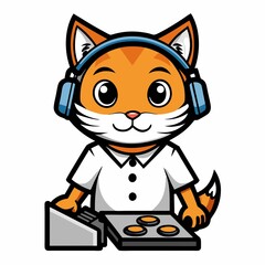 Cat with Headphones DJ Setup Vector Illustration - Graffiti Style Design