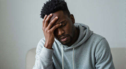 Man expressing stress with hand on forehead in plain indoor setting for mental health blogs, wellness articles, support group materials, and personal development resources -