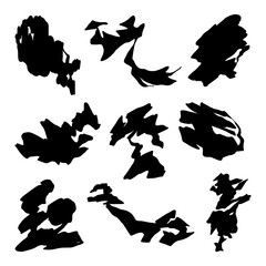 Organic Abstract Black Ink Shape. A collection of 9 bold abstract black ink shapes featuring expressive organic silhouettes with chaotic contours and high contrast textures