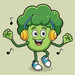 Cheerful Cartoon Broccoli Character Dancing with Headphones and Musical Notes