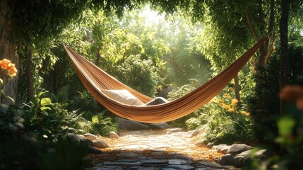 A serene hammock nestled among lush greenery, illuminated by soft sunlight, inviting relaxation in a tranquil outdoor setting.