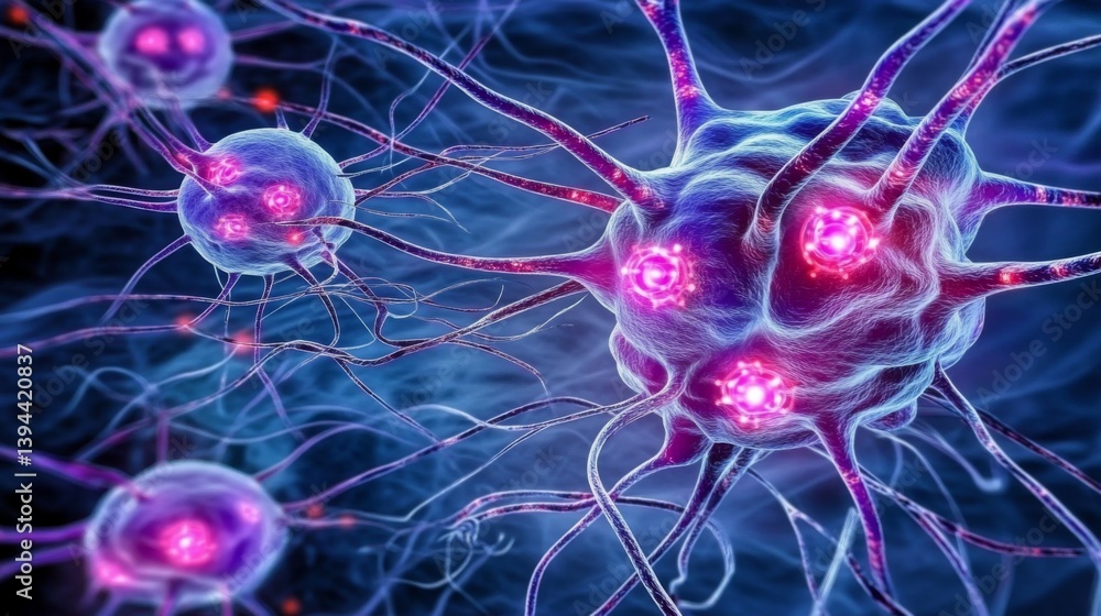Poster a visually striking d rendering of a human brain with glowing synapses and neural connections, set a