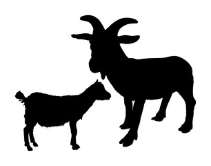 Farm goat and baby vector silhouette illustration isolated on white background. Farm animal family shape, goat and goatling symbol shadow.