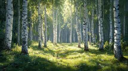 Obraz premium A serene forest scene featuring tall birch trees, dappled sunlight, and lush green grass, creating a peaceful and inviting atmosphere.