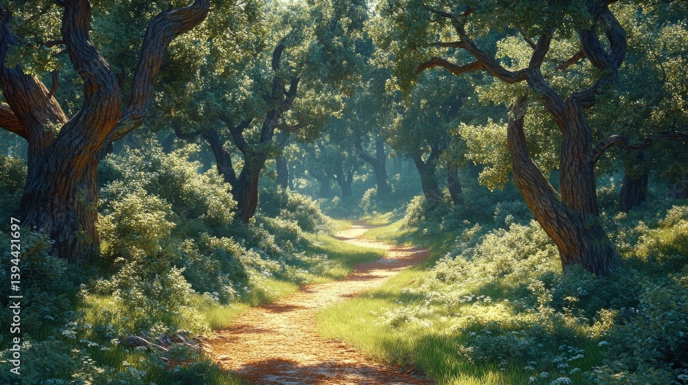 Poster a serene forest path surrounded by lush greenery and towering trees, inviting exploration and tranqu