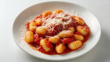 Delicious gnocchi served with rich tomato sauce and grated cheese on a white plate