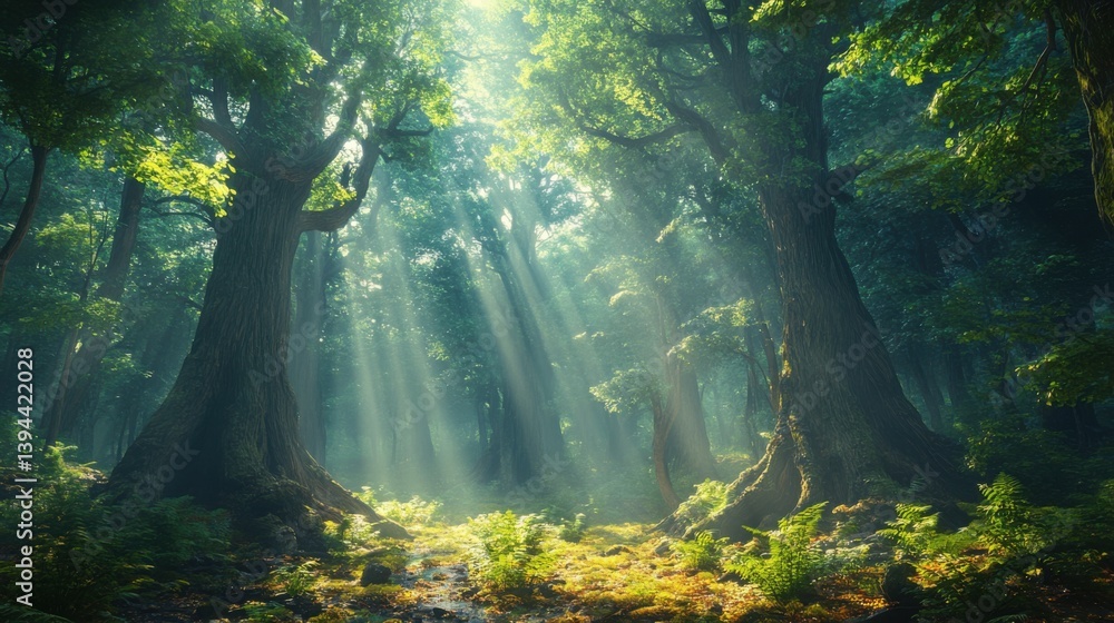 Poster a serene forest scene with towering trees, sunlight filtering through the foliage, illuminating the 