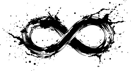Abstract illustration of a black infinity symbol created with ink splatters and brushstroke textures on a light background. Represents eternity, limitlessness, and artistic expression.