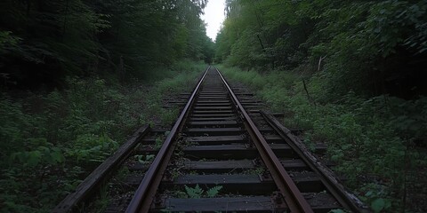 Fototapeta premium An overgrown railway track disappearing into a dense forest, with old wooden sleepers rotting away.