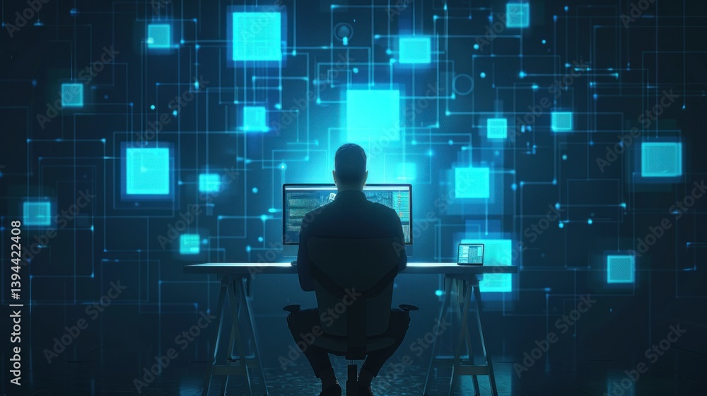 Poster a person sitting and working on a computer, represented as an icon.