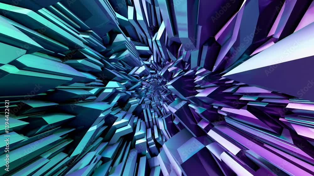 Poster metallic geometric shapes are forming a tunnel effect, creating a dynamic and futuristic composition