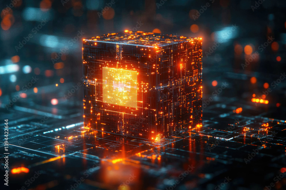 Poster Futuristic tech cube with glowing orange circuitry, symbolizing advanced technology and data processing capabilities.