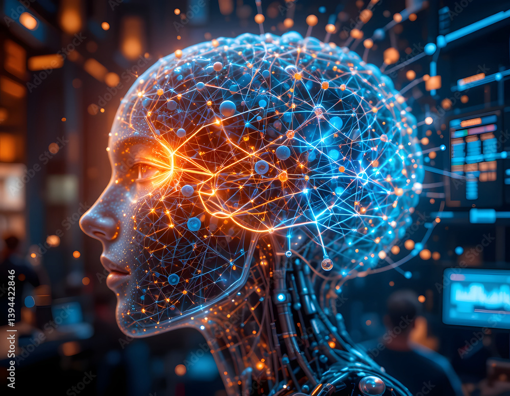 Poster virtual human brain with glowing neural network visualizations in a futuristic setting showcasing ad