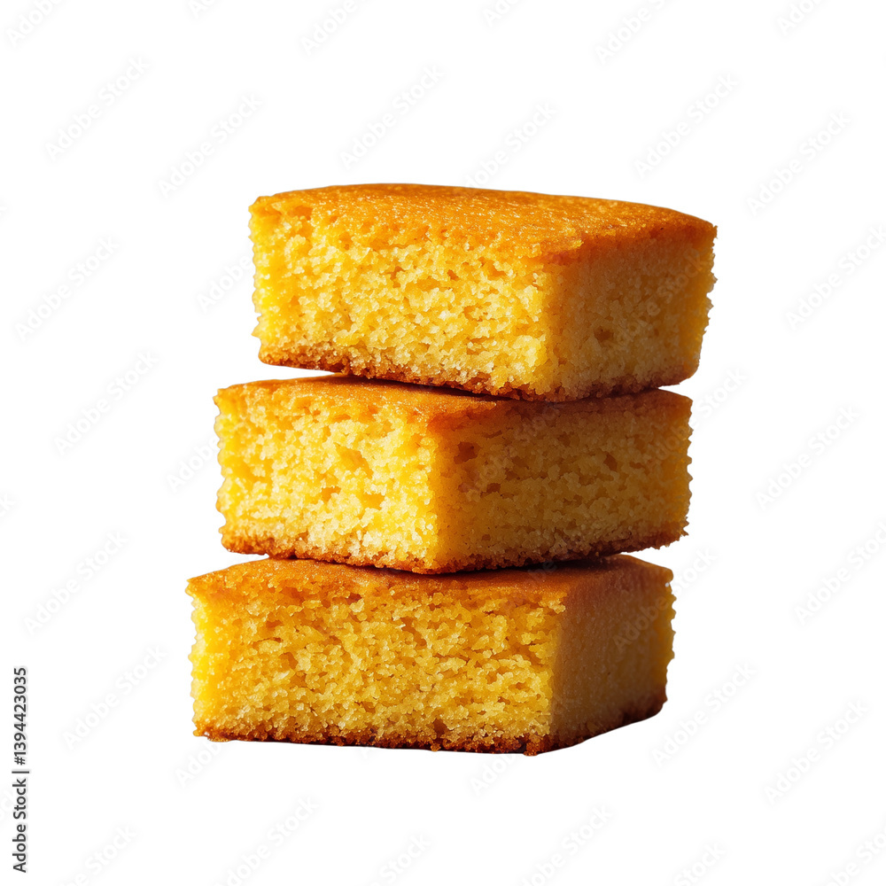 Poster stacked golden cornbread squares with a crispy exterior, showcasing their texture and color. isolate