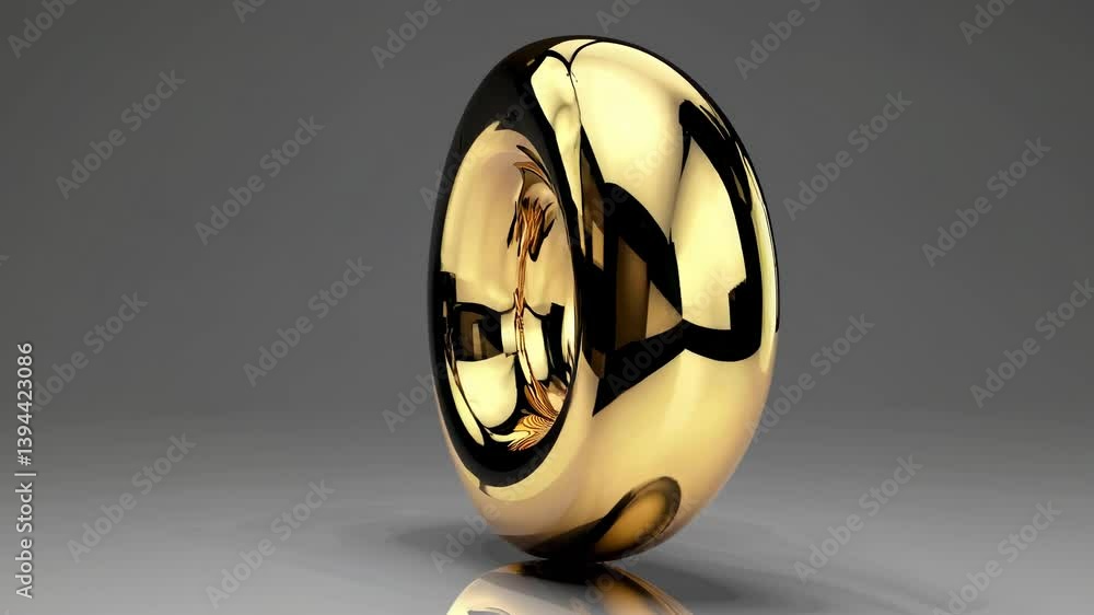 Poster shiny golden torus with a smooth, reflective surface, set against a neutral background. the metallic