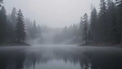 A foggy lake surrounded by tall pine trees, realistic and detailed