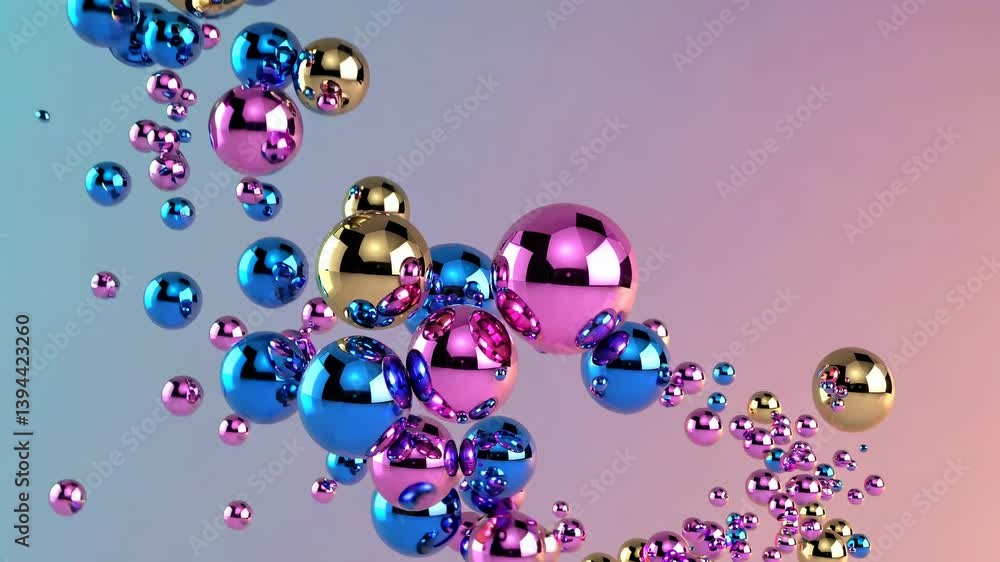Poster shiny metallic spheres of gold, pink, and blue are floating against a gradient background, creating 
