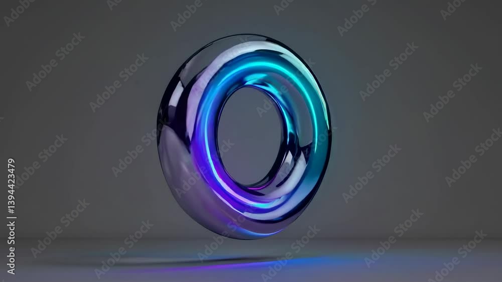 Aufkleber futuristic, glowing torus with a neon purple and turquoise gradient floats above a gray surface, cas