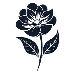 Minimalist Flower with Stem and Leaves in Dark Blue Color on White