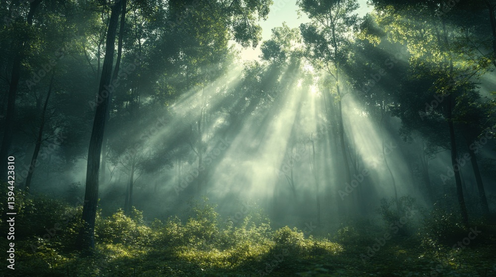 Poster a serene forest scene with light streaming through the trees, creating a mystical atmosphere filled 