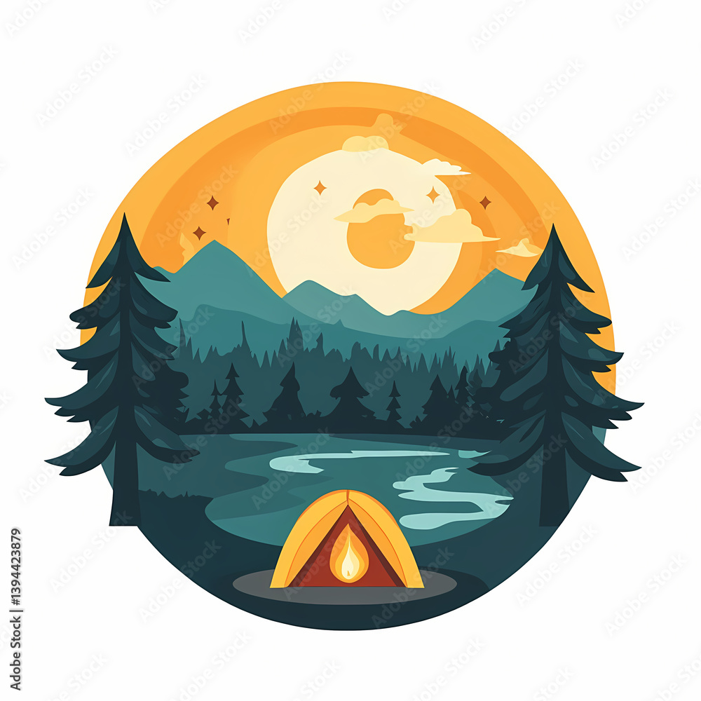 Poster camping under a sunset with a tent and a serene river setting generative ai