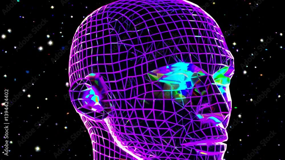Poster glowing polygonal human head wireframe mesh against dark starry space background representing artifi