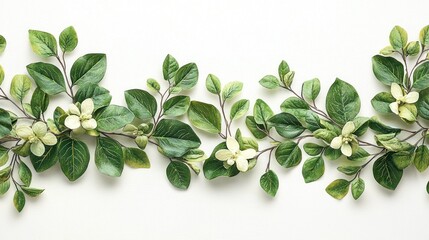 Fresh, light green leaves and small white flowers arranged in a horizontal garland on a white background.