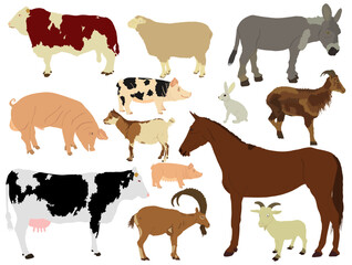 Cartoon ranch farm animals collection vector illustration isolated on background. Domestic cattle symbol cloven hoof animals farming. Cow, bull,horse, sheep, goat, pig, donkey, rabbit.