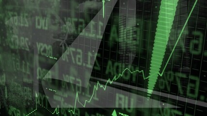Green financial graphs and data processing animation over cityscape background - Powered by Adobe